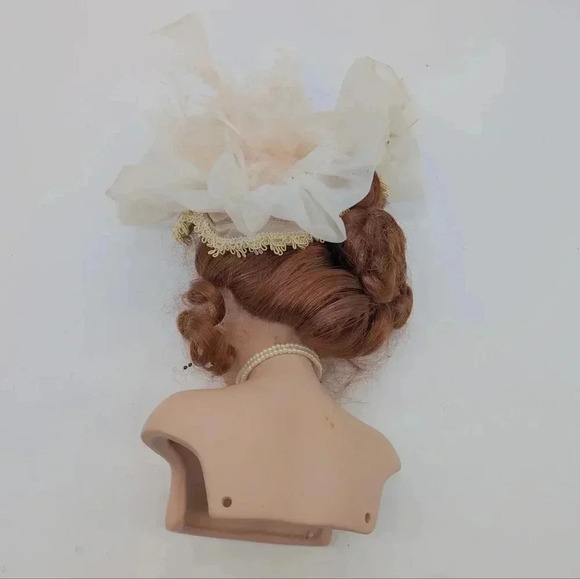 Victorian Porcelain Doll Head Redhead Ruffled Feathered hat Cameo and Earrings - Picture 3 of 7